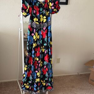 Colorful Floral Maxi Dress with Ruffle Sleeves